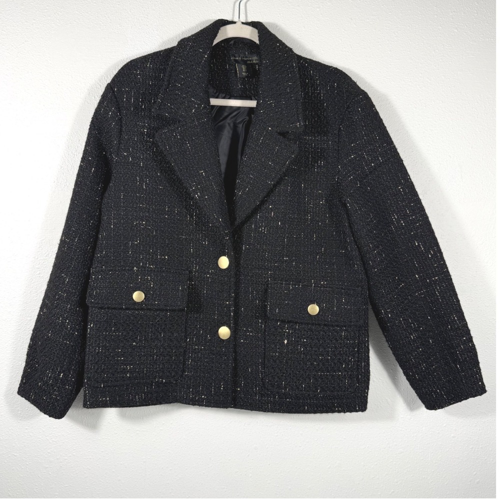 House of Harlow 1960 Nicole Richie Old Money Tweed Blazer Black Gold Metallic S